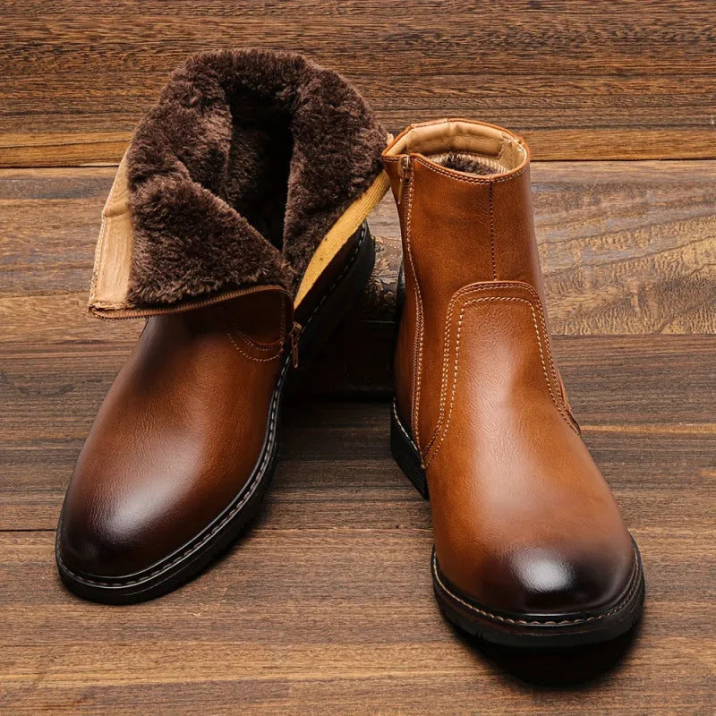 Faux fur dress boots with zipper, ultra high heel, carved wing pattern, light brown colour