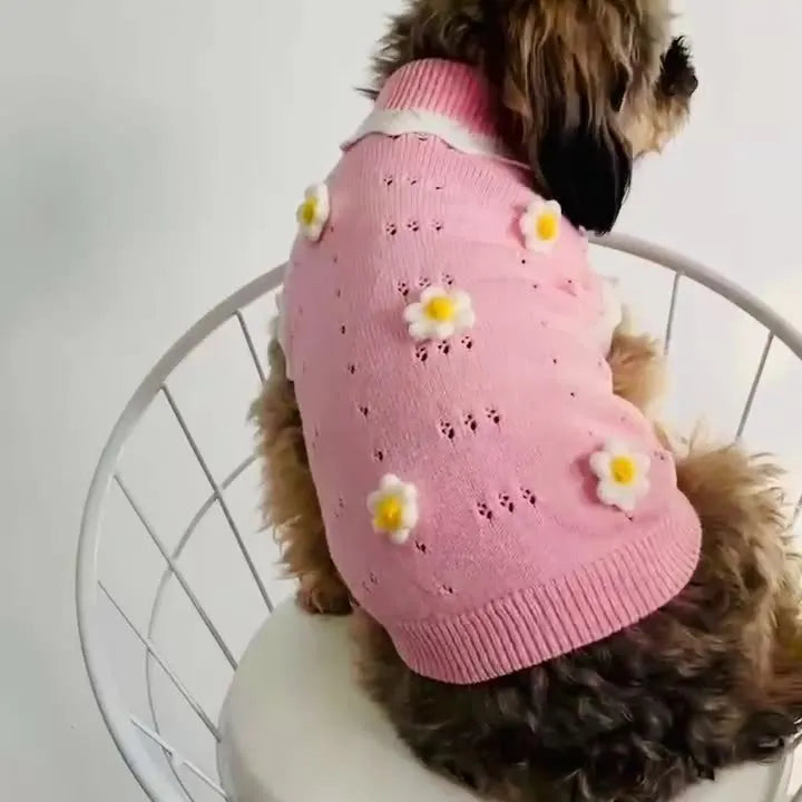 Green fleece pet sweater with flower blossom pattern showing size chart for dogs and cats.