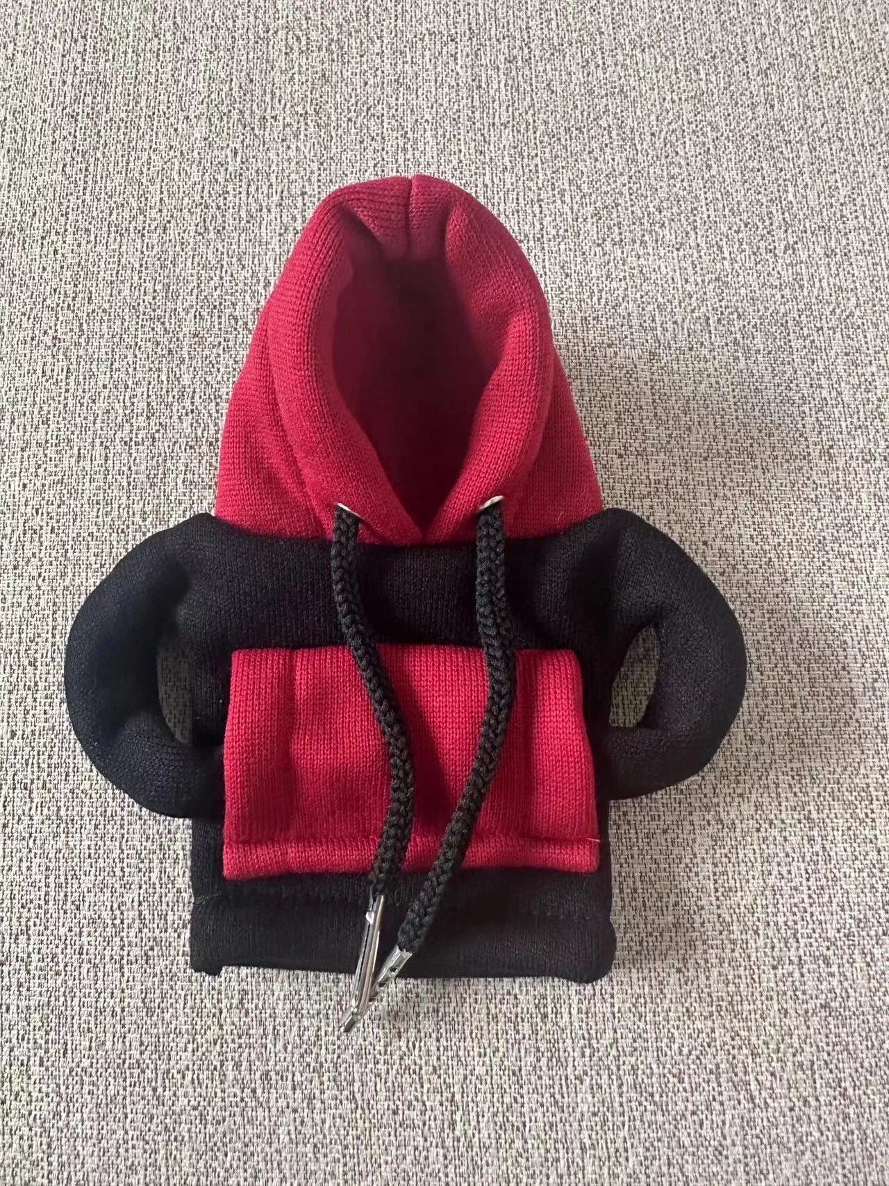 Polyester car gear lever hooded cover in red and white colour scheme measuring 12x13cm