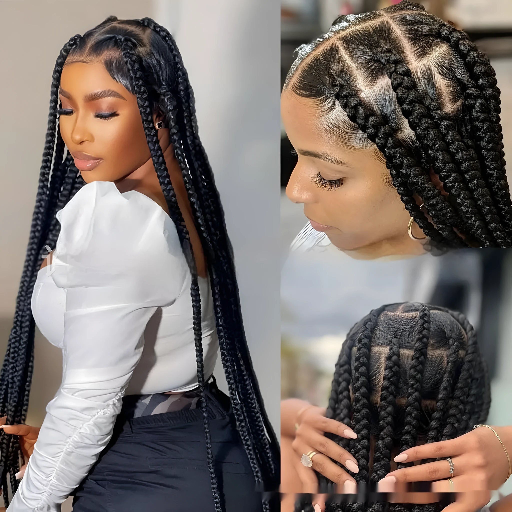 Hand-woven full lace synthetic fibre three-strand braid wig cap in natural black 1B, 36 inches long