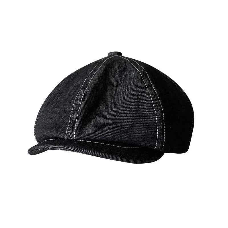 Black cotton beret hat with octagonal shape and Japanese Denim fabric construction