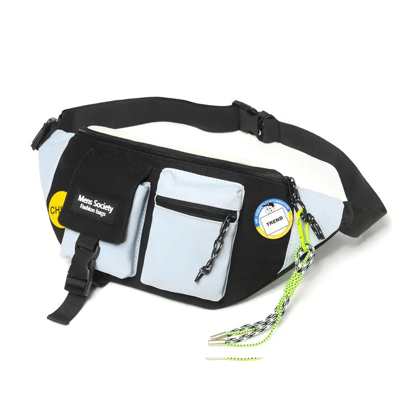 Men's casual crossbody sports canvas waist bag in orange with green lanyard, featuring wear-resistant material and burden-reducing design