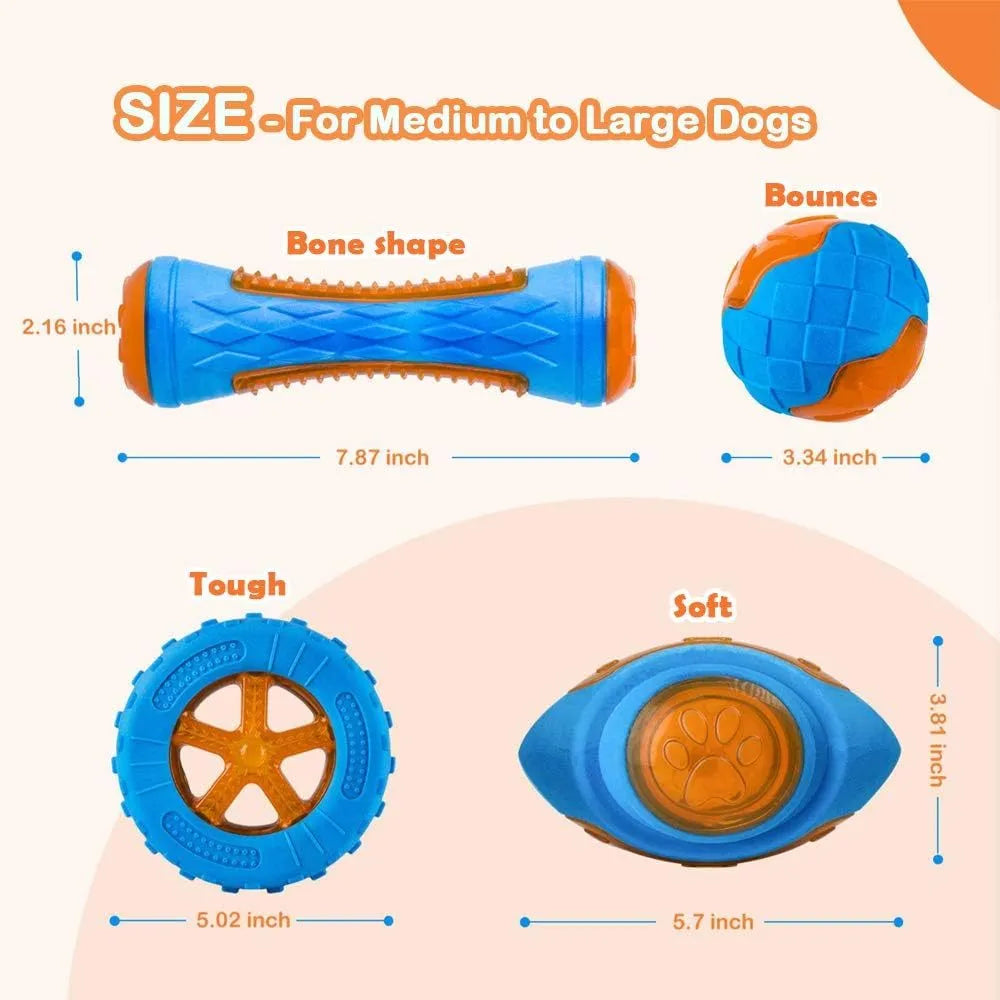 Set of three TPR dog toys: a blue ball, a red barbell, and an orange tyre with bumpy textures.