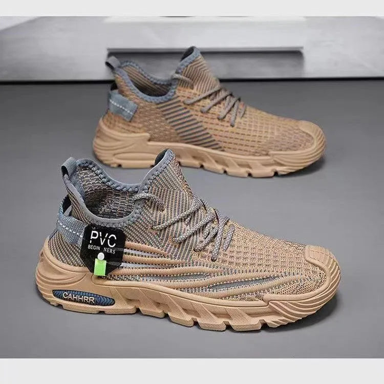 Men's breathable flyknit sneakers in black, gray, and coffee colours with round toe and flat heel
