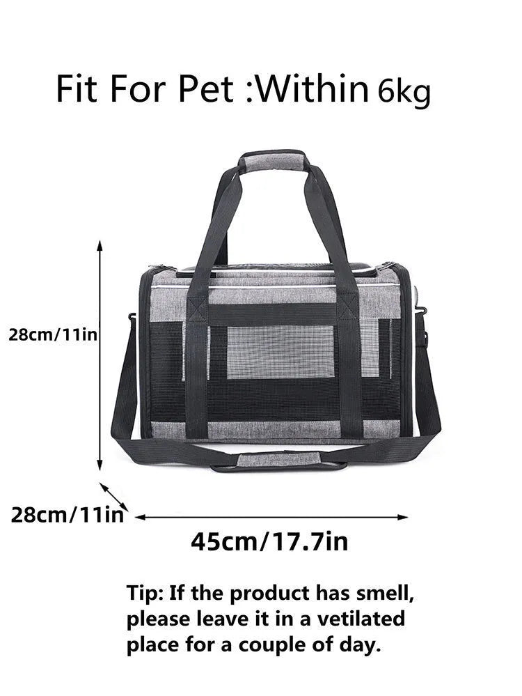 A grey portable pet carrier bag with blue edge trim, made from Oxford fabric, shown with dimensions of 44cm long by 29cm wide.