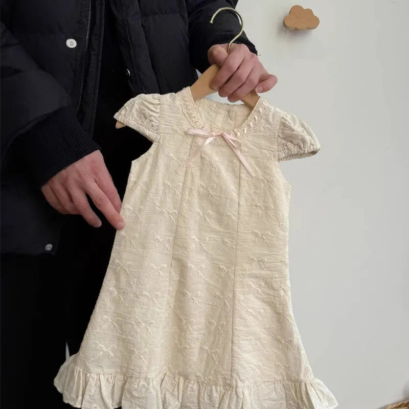 Girls cotton suspenders dress solid colour bow detail creamy white beige children 90-140cm
