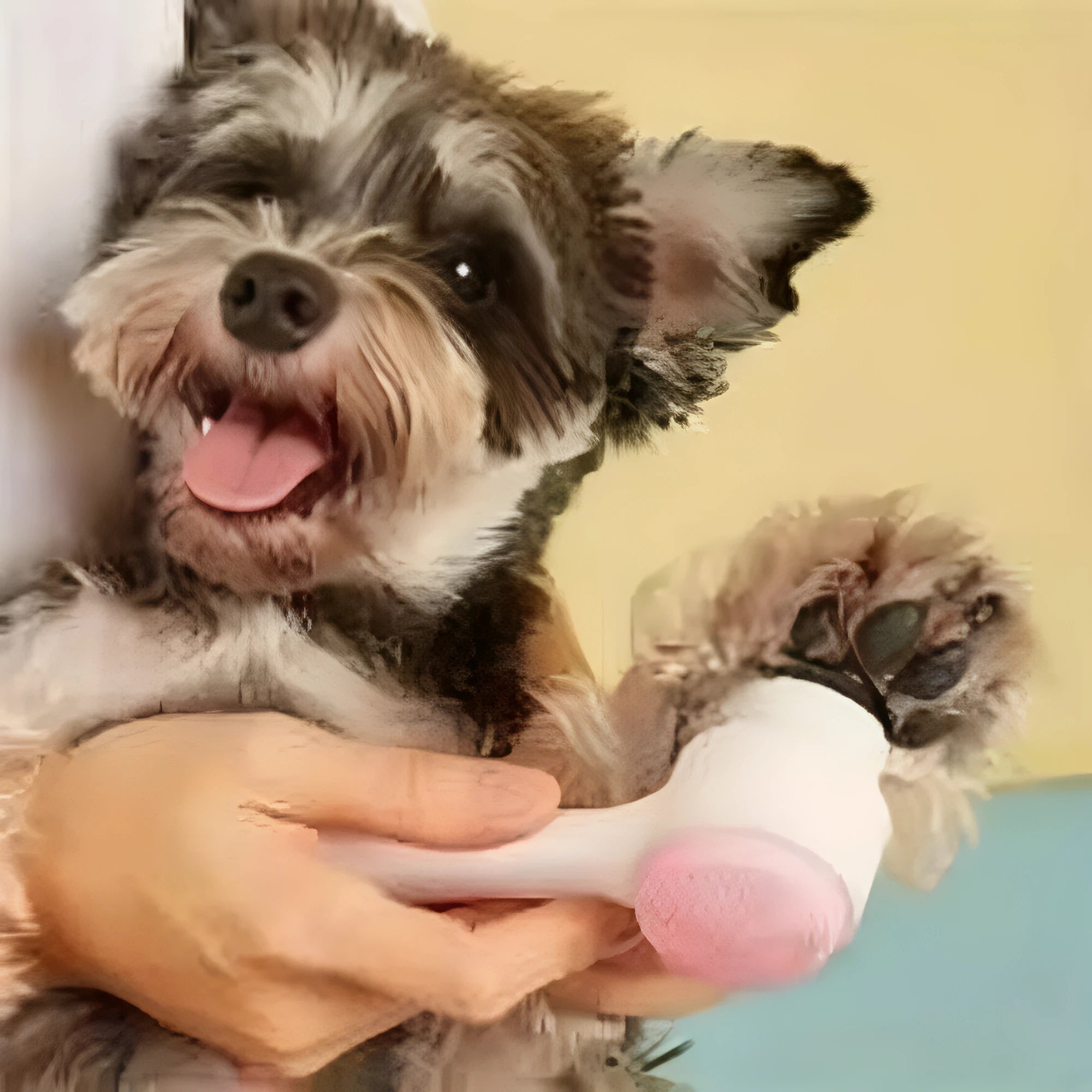 Blue and pink nylon bristle pet paw brush for dogs and cats on a white background.