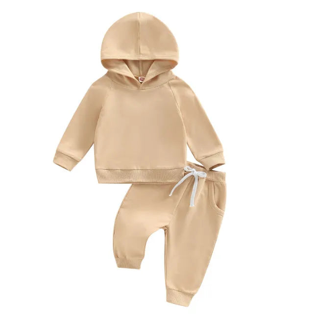Boys solid colour cotton hooded sweater and trousers suit for autumn winter in apricot