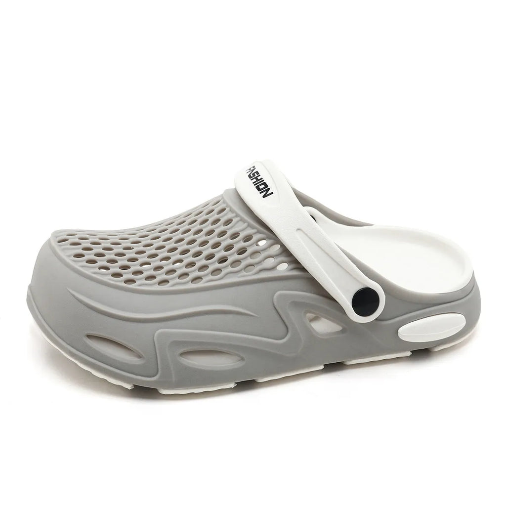 Men's grey closed toe beach slippers with non-slip sole and breathable grid pattern design