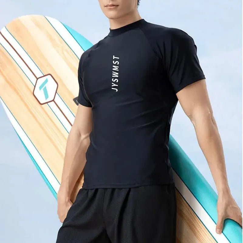 Men's patterned plus size swimsuit set with matching top and trunks on a mannequin.