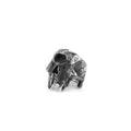 A close-up of a silver-toned alloy ring featuring a detailed one-eyed skull design.