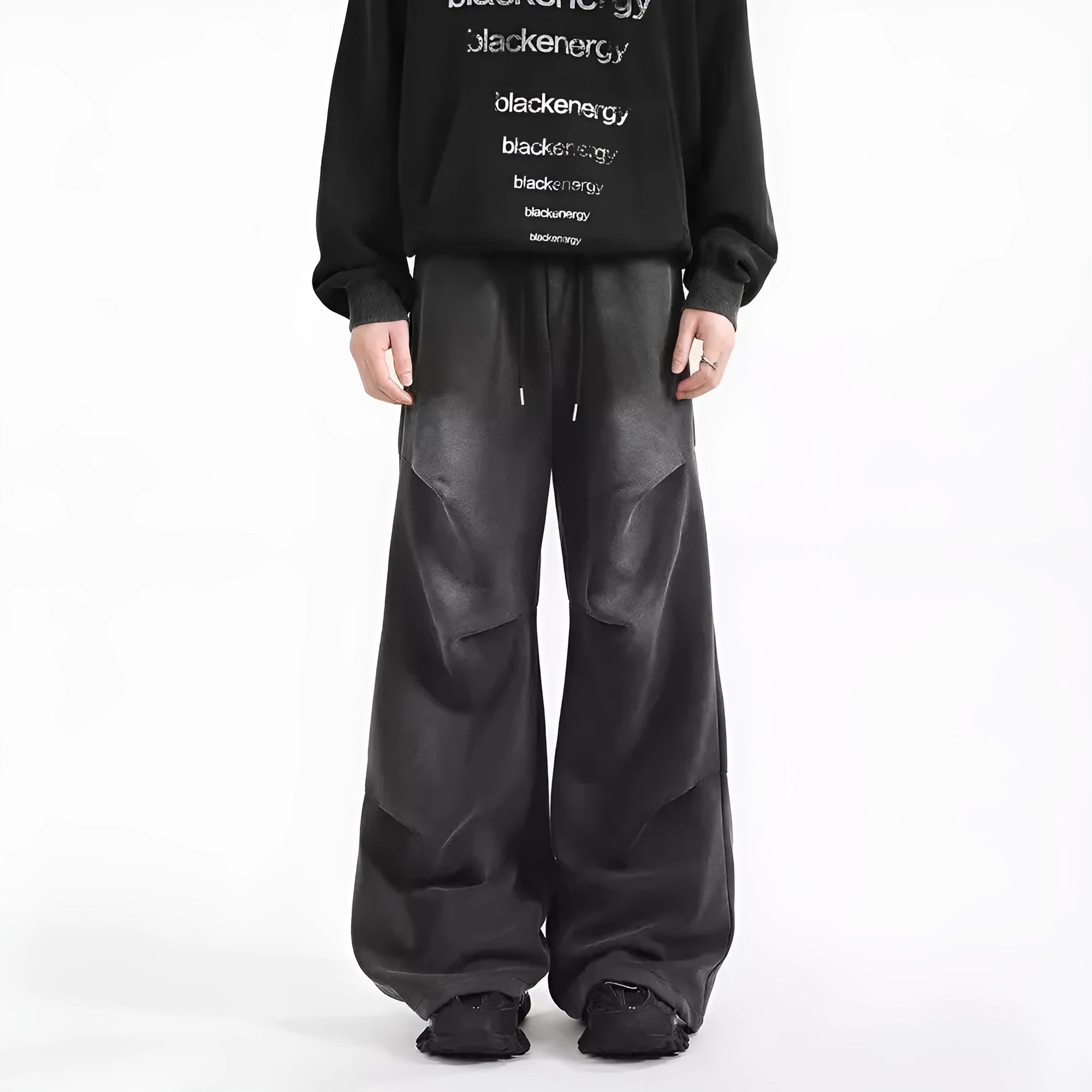 Men's cotton wide leg sweatpants with pleated front in black and gray, elastic waist casual trousers