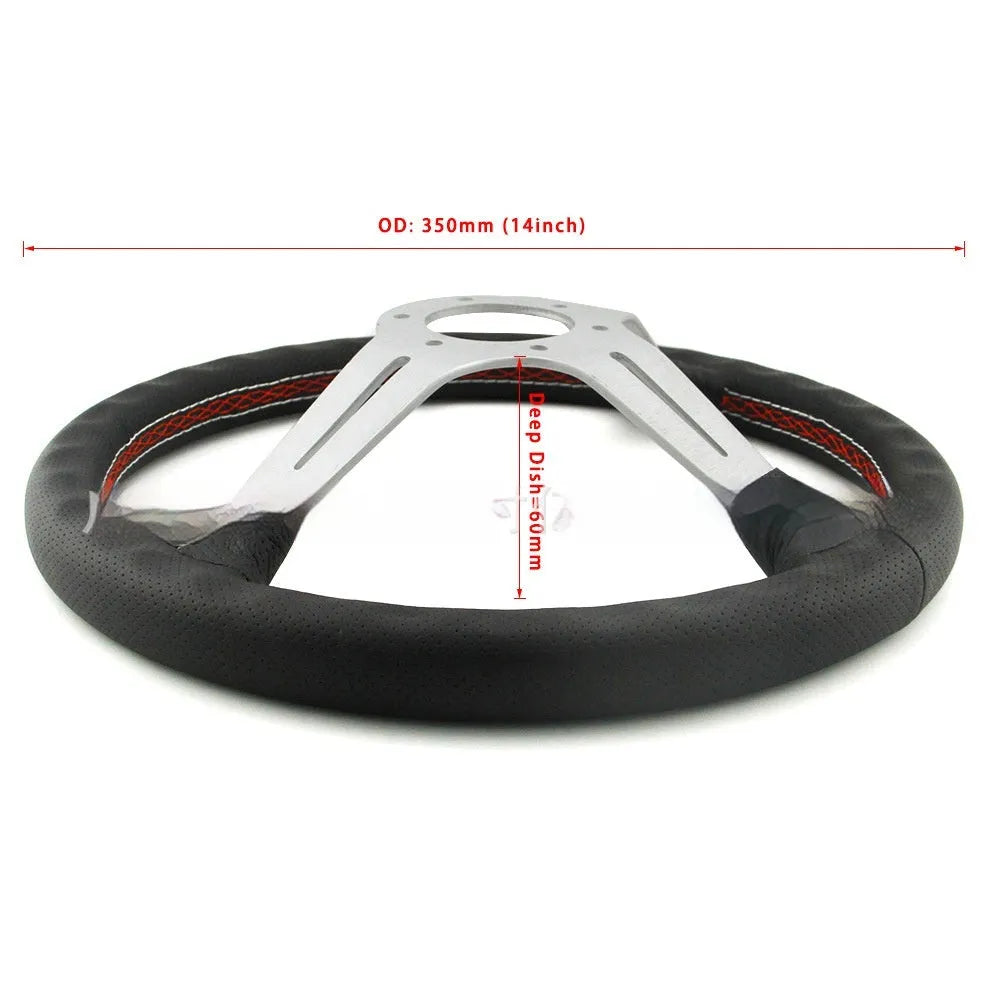 Leather 14-inch middle concave car steering wheel with hand stitching, showing black skeleton option