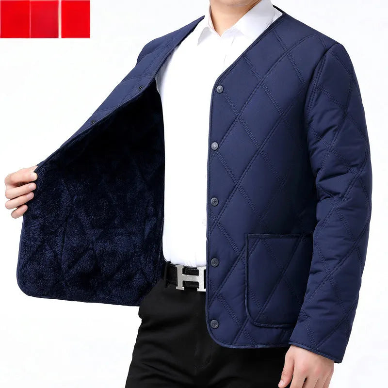 Men's short fleece-lined nylon jacket in black and navy blue, front view, sizes L to 4XL