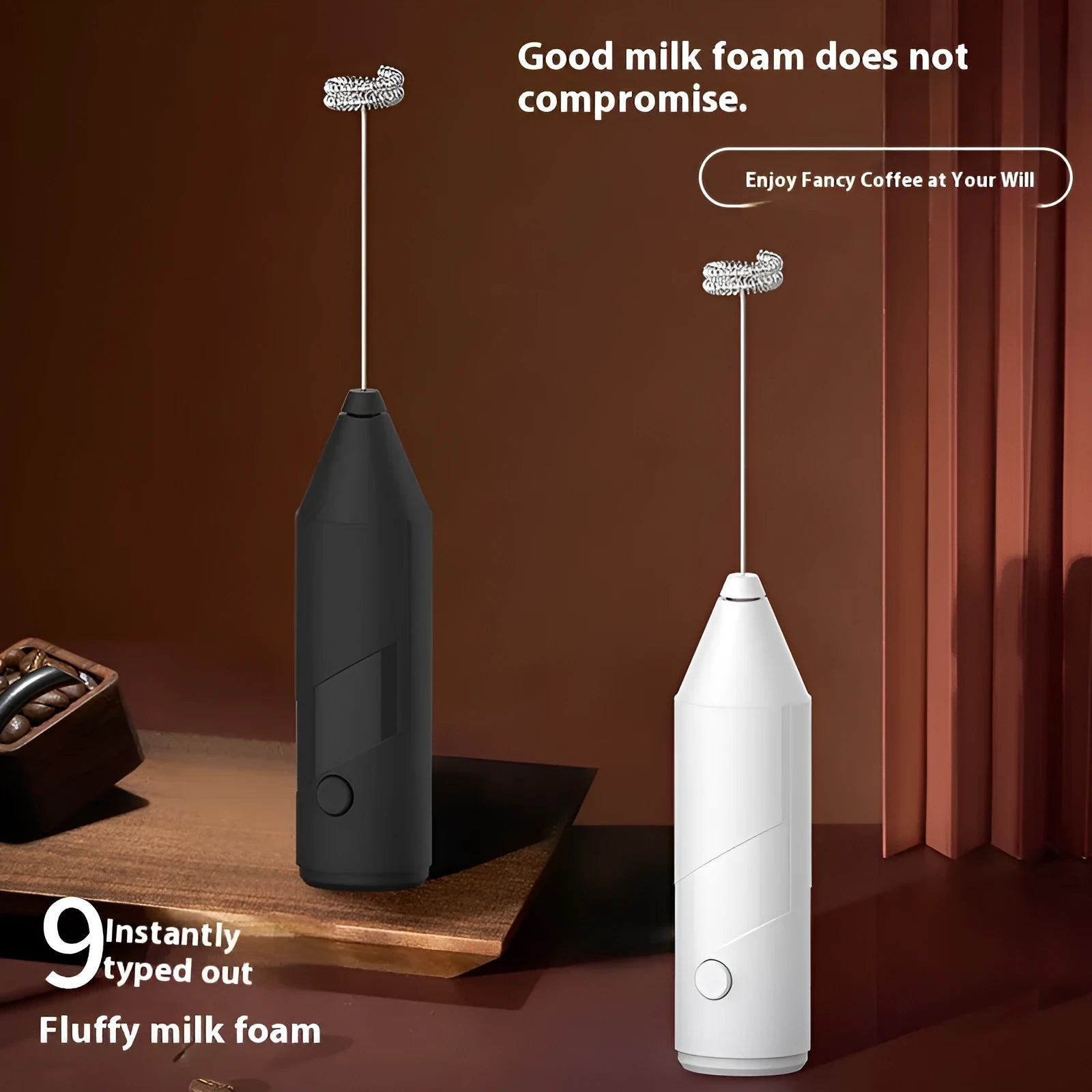 Mini handheld electric milk frother in black, white, or khaki colour with USB charging cable.