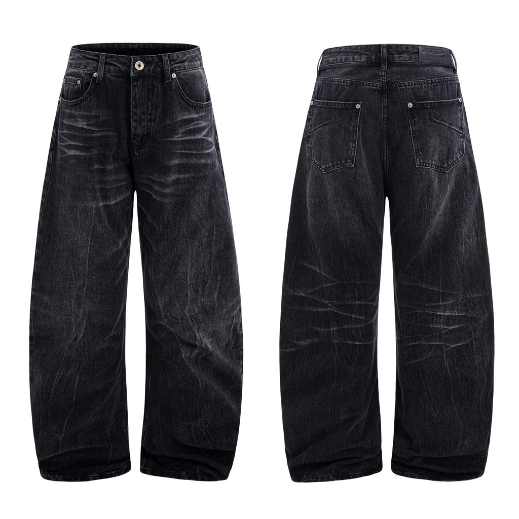 Black mens straight-leg jeans with American washed lightning crack detailing on cotton fabric