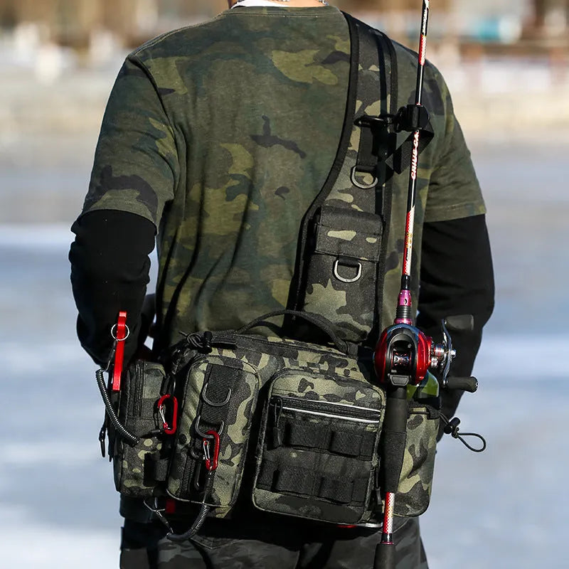 Waterproof fishing bag in black with polyester construction, measuring 19x38x14cm