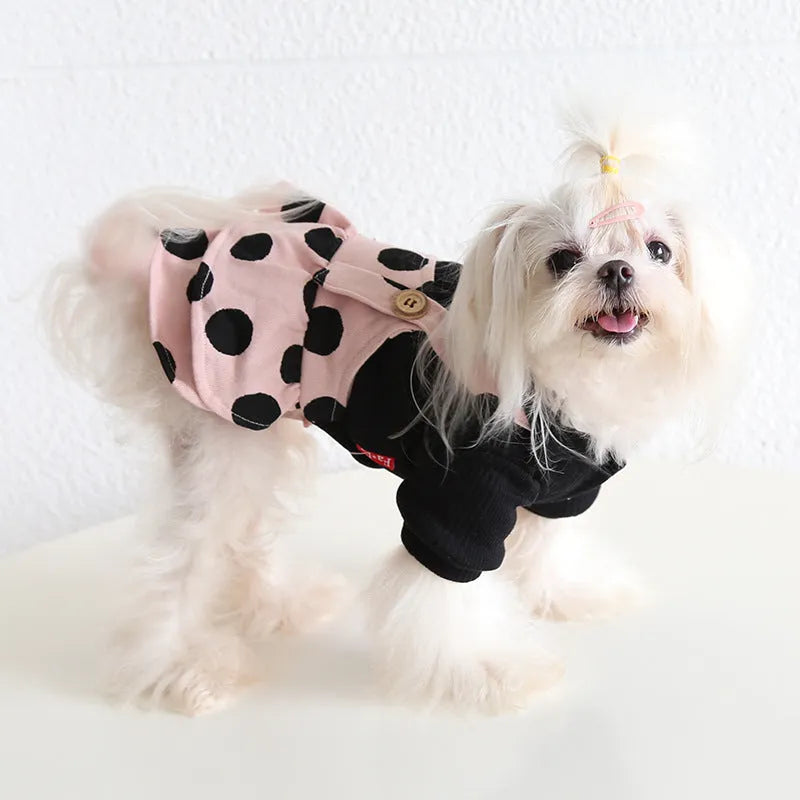 Dog clothes couple set with lapel shoulder straps in cloth material showing four-legged and skirt style options