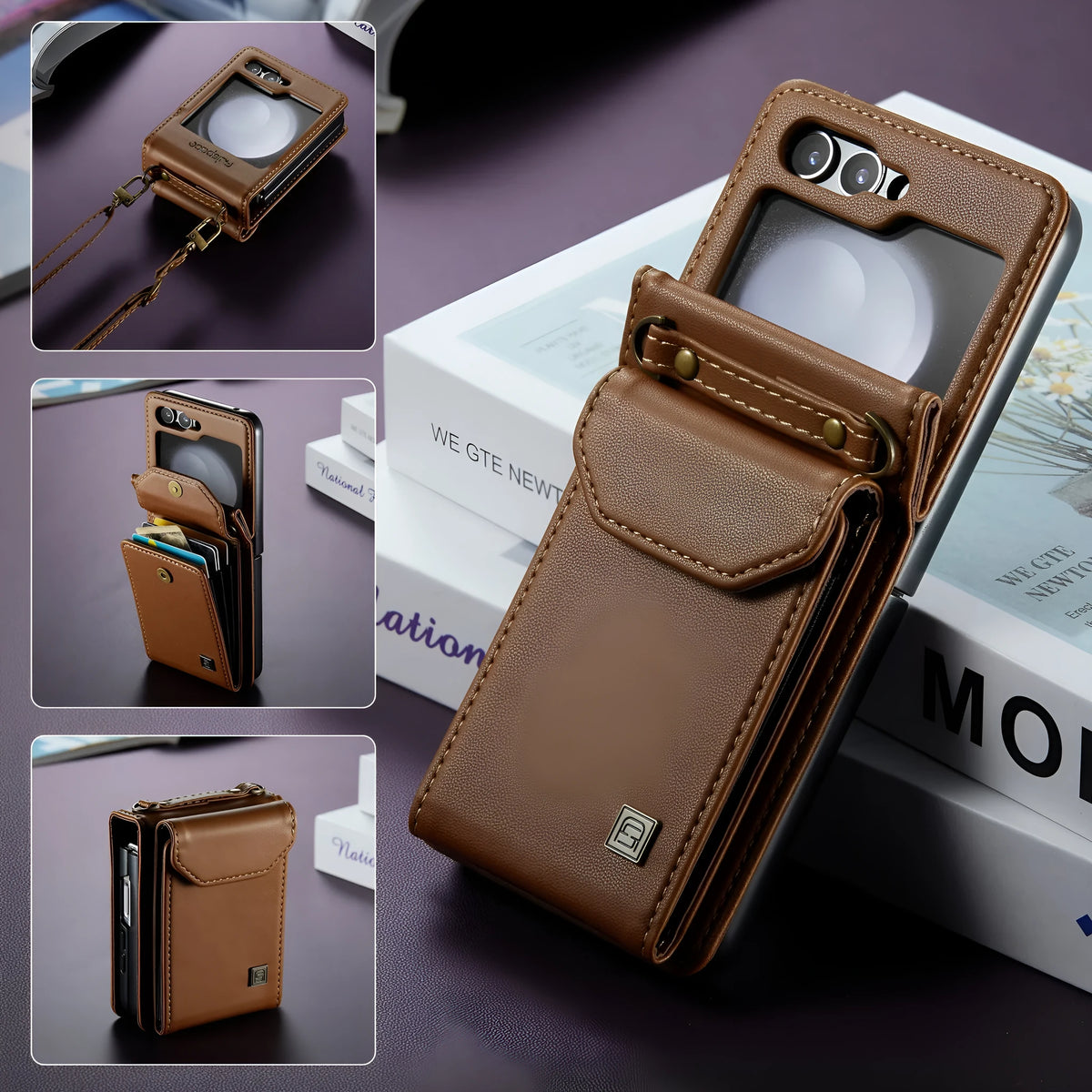 Folding three-in-one PU leather phone case for Samsung Z Flip 5 and Z Flip 6 with bracket and crossbody lanyard, shown in multiple colours