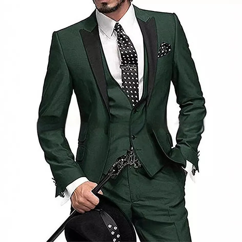 Black collar color block nylon three piece suit set with blazer vest and trousers for light business wear