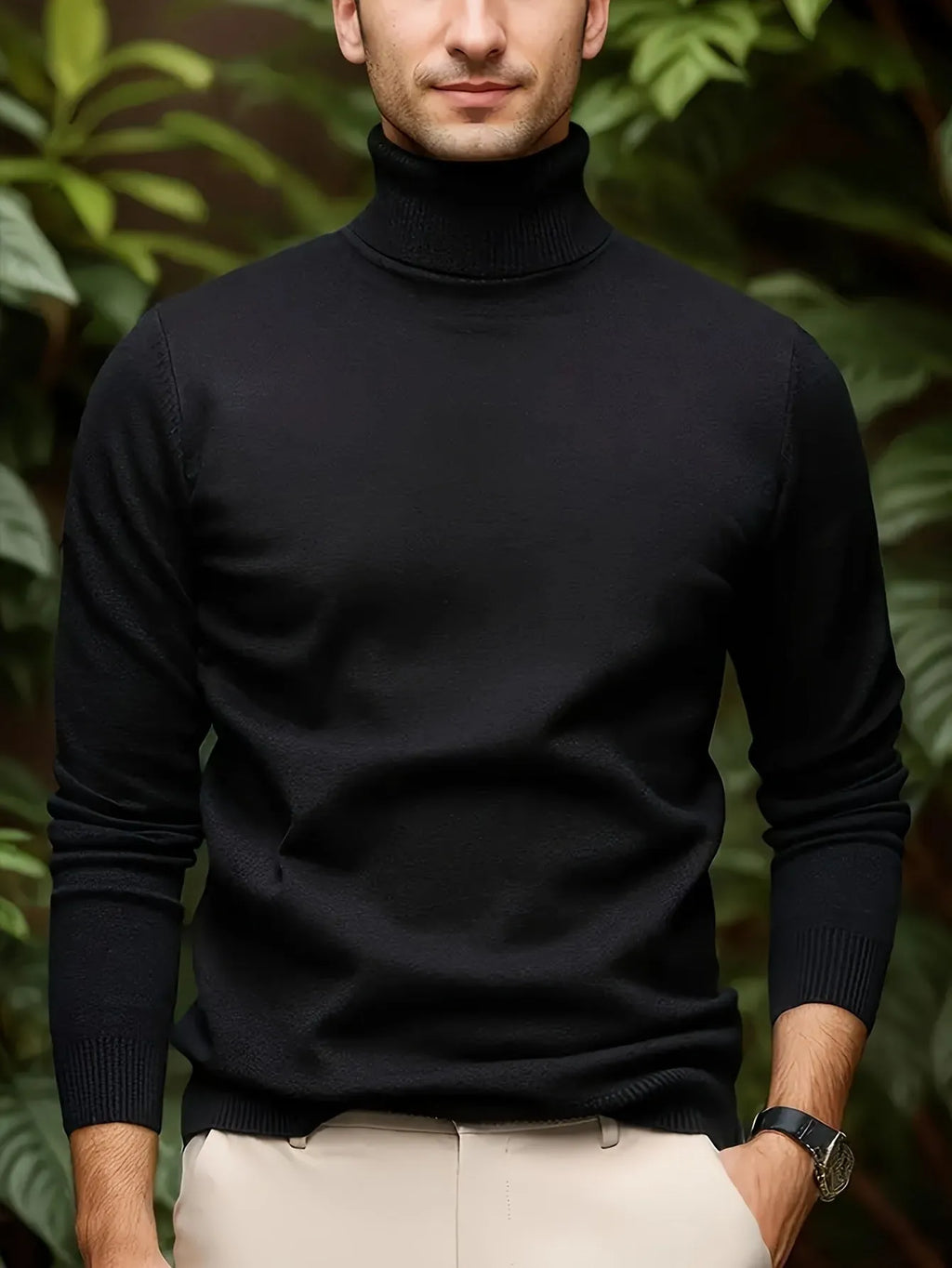 Men's solid color turtleneck sweater in chenille and spandex fabric, available in black, burgundy, coffee, khaki, military blue, sky blue, and white.