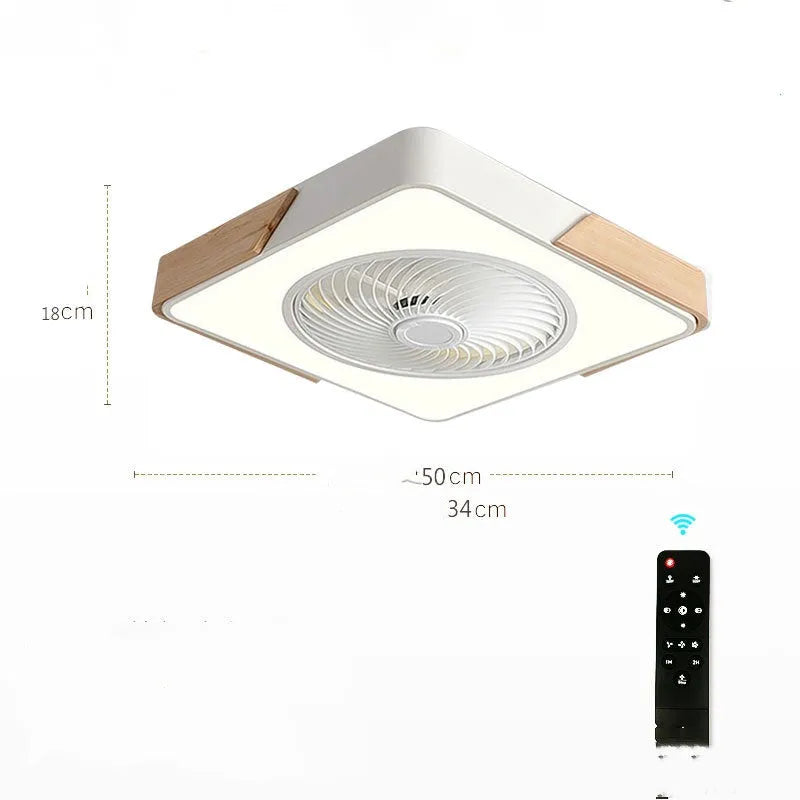 Modern minimalist black wrought iron ceiling fan with LED light and round shade, 500mm diameter, for living room use