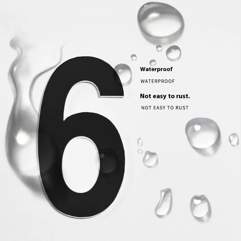 Black stainless steel sticky house numbers showing letters A-F and numbers 0-9, each 7.5cm tall