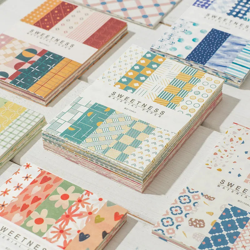 Pack of 50 colourful retro collage note papers in sweet light dessert colours, each measuring 56 by 83 millimetres.