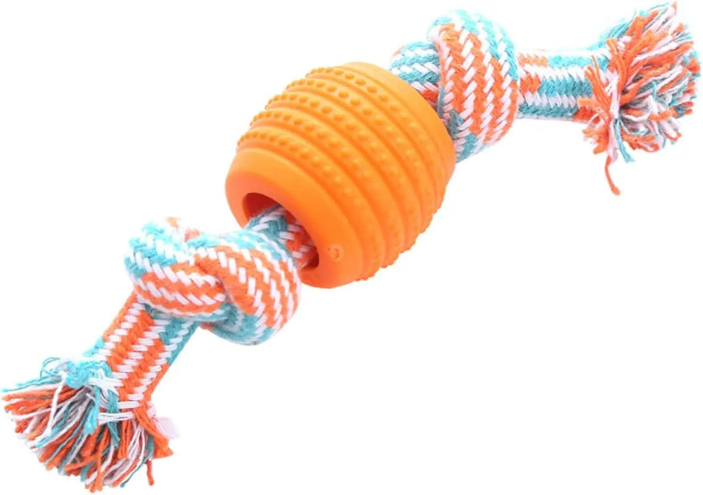 Blue dog chew toy with a textured molar shape and integrated knotted ropes on a white background.