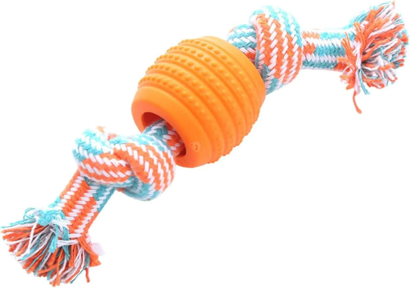 Blue dog chew toy with a textured molar shape and integrated knotted ropes on a white background.