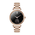 AK38 ladies smart watch with stainless steel Milanese bracelet and 1.09-inch colour screen displayed.