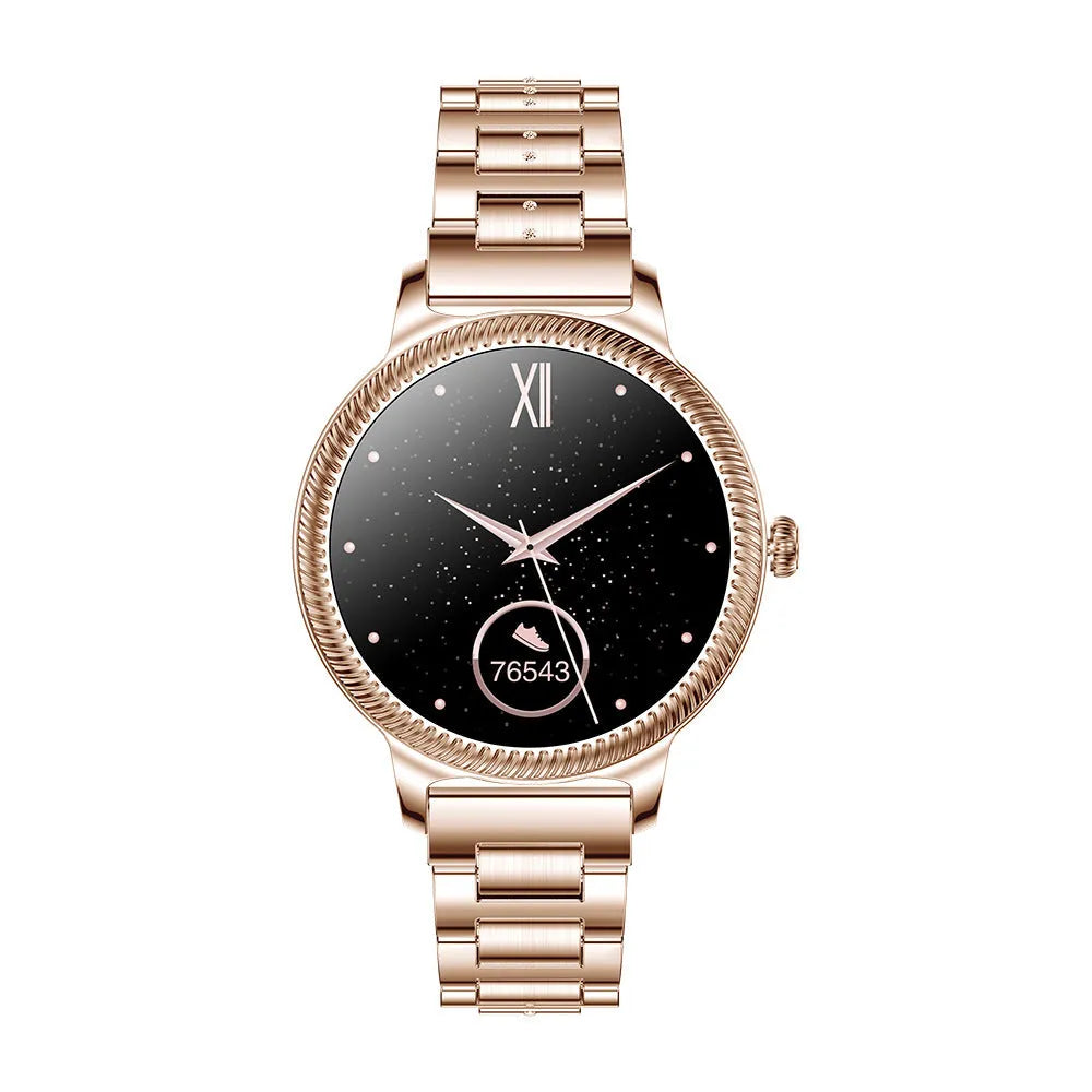 AK38 ladies smart watch with stainless steel Milanese bracelet and 1.09-inch colour screen displayed.