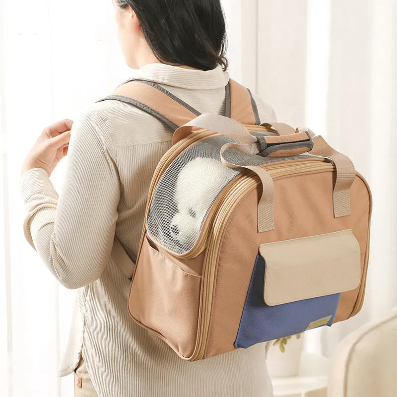 Foldable pull-rod pet backpack in nylon, 50-60L capacity, shown in Grey, Khaki, or Pink