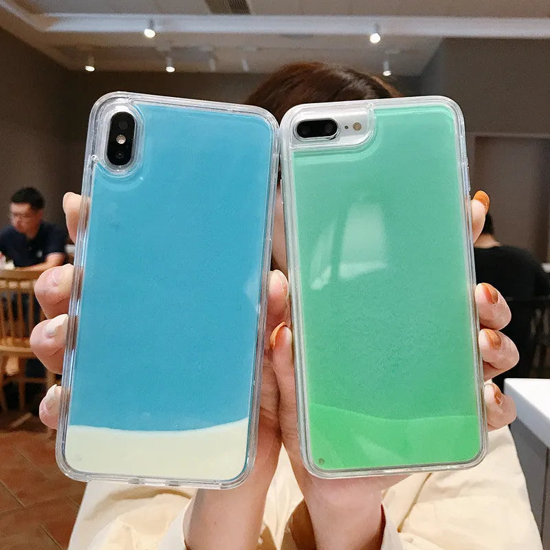 Luminous glitter quicksand iPhone case with TPU rear cover in Green Yellow, Blue White, Orange Yellow, Purple Pink, Black and White