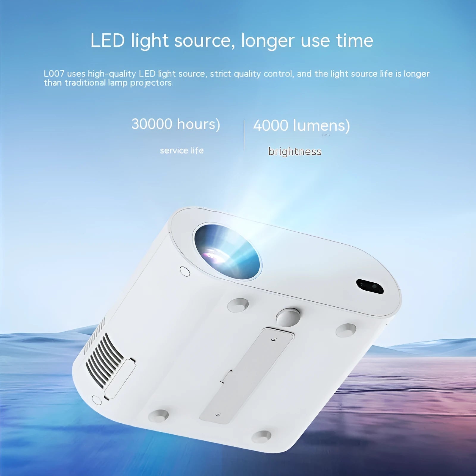 White Full HD smart Android projector with remote control on a table.
