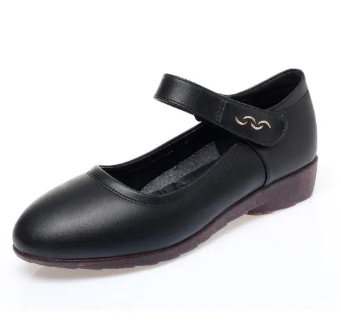 Women's softsoled peeptoe leather shoes with single strap, wedge heel, round toe, black and off-white options