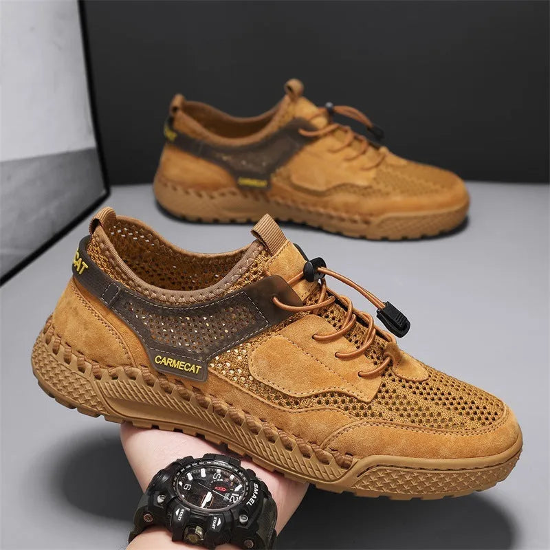 Men's brown suede low-top tennis shoes with elastic band and round toe