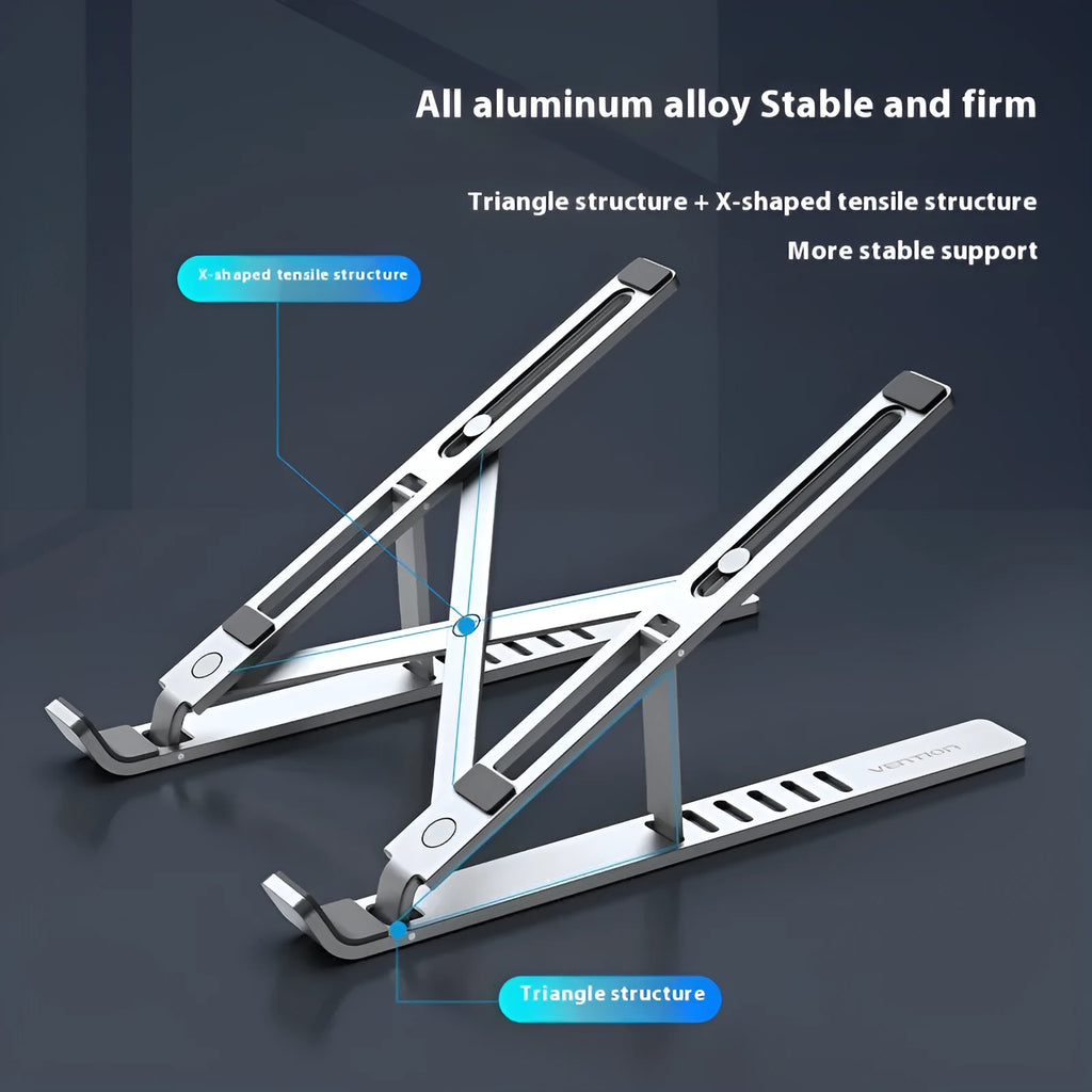 Silver aluminum alloy desktop laptop stand with adjustable height from 65mm to 95mm on a wooden desk