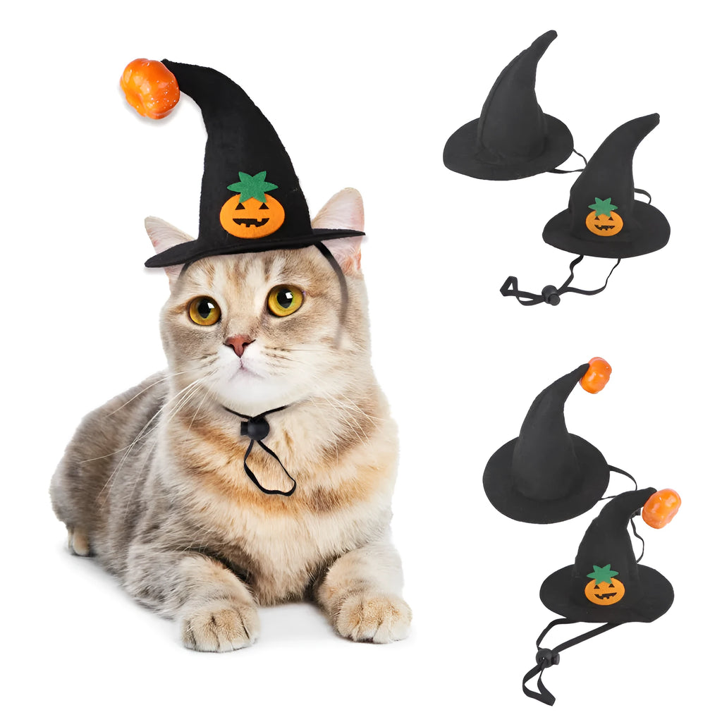 Cloth pet cat Halloween hat with embossed pumpkin design on feline head