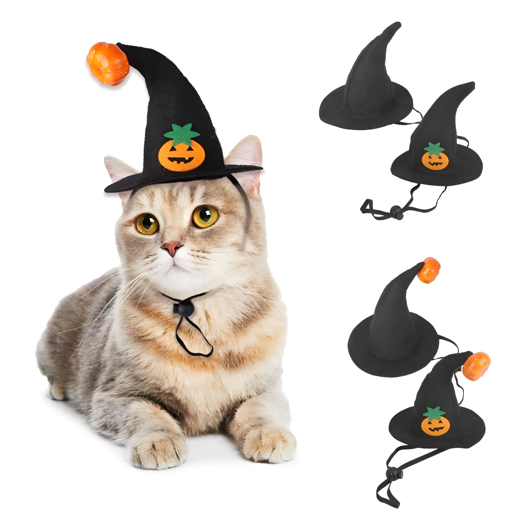 Cloth pet cat Halloween hat with embossed pumpkin design on feline head