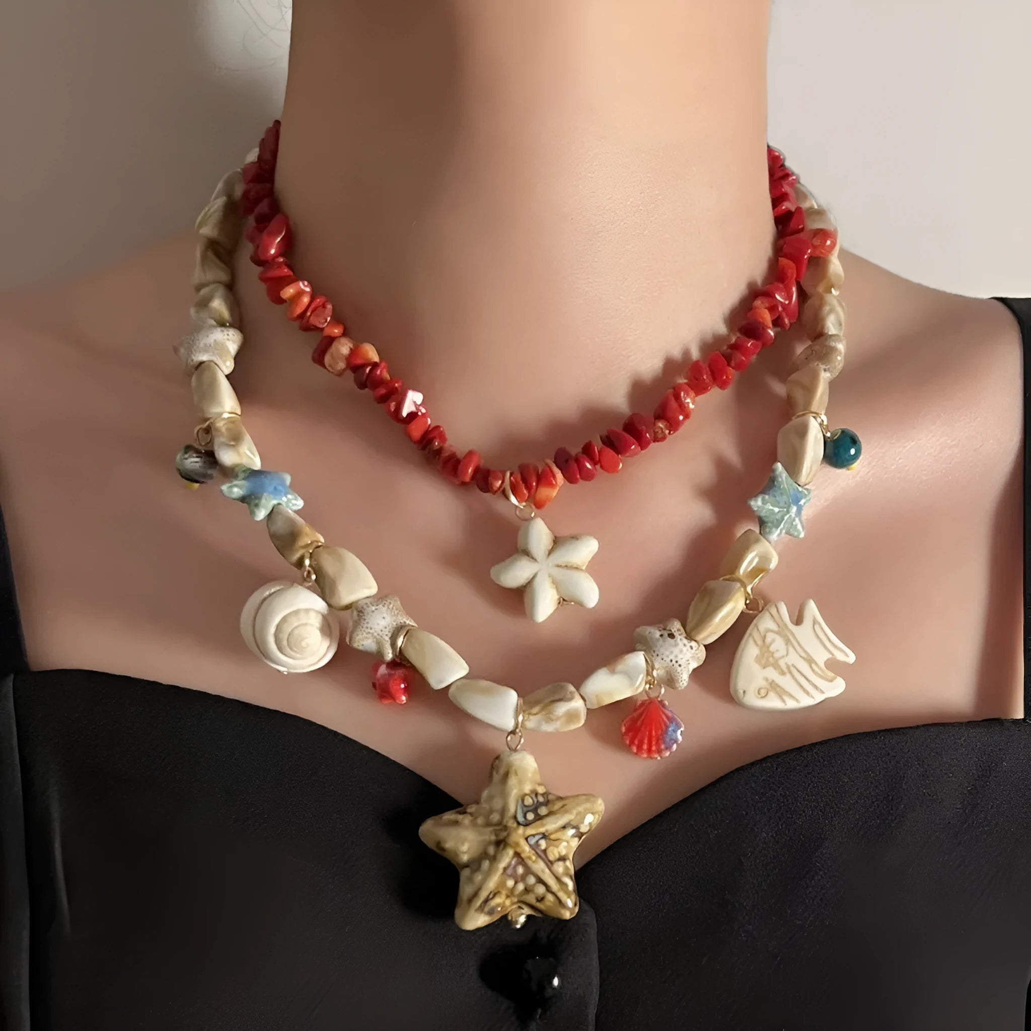 Gold marine life clavicle chain for women with conch shell and starfish pendant on zinc alloy chain