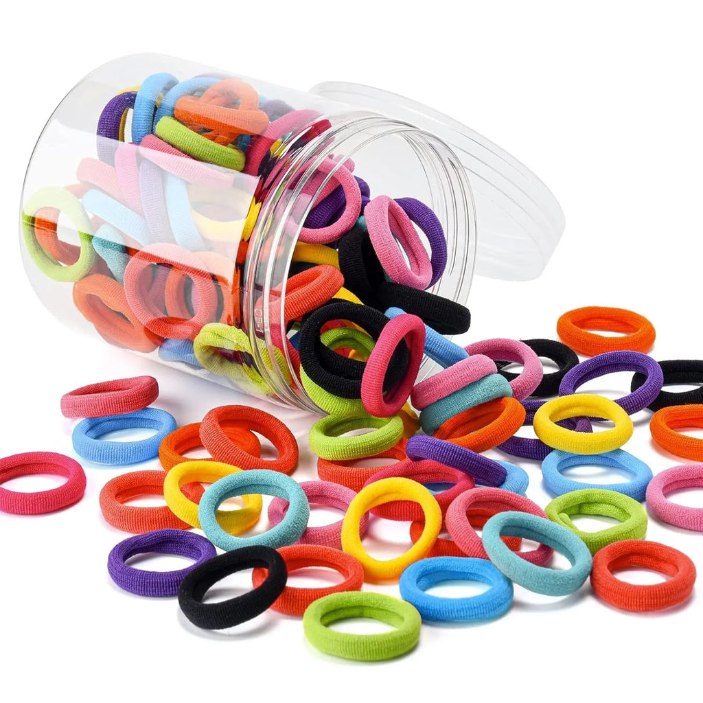 100 multicolour seamless cotton baby hair ties, 0.85 inch, in a small jar