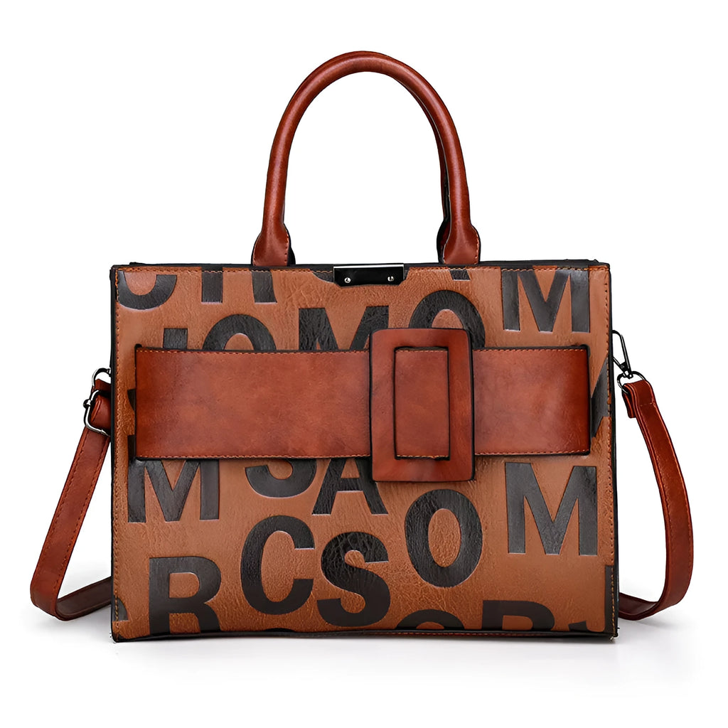 Large horizontal square women's shoulder crossbody bag in PU with embossed letter pattern and zip opening