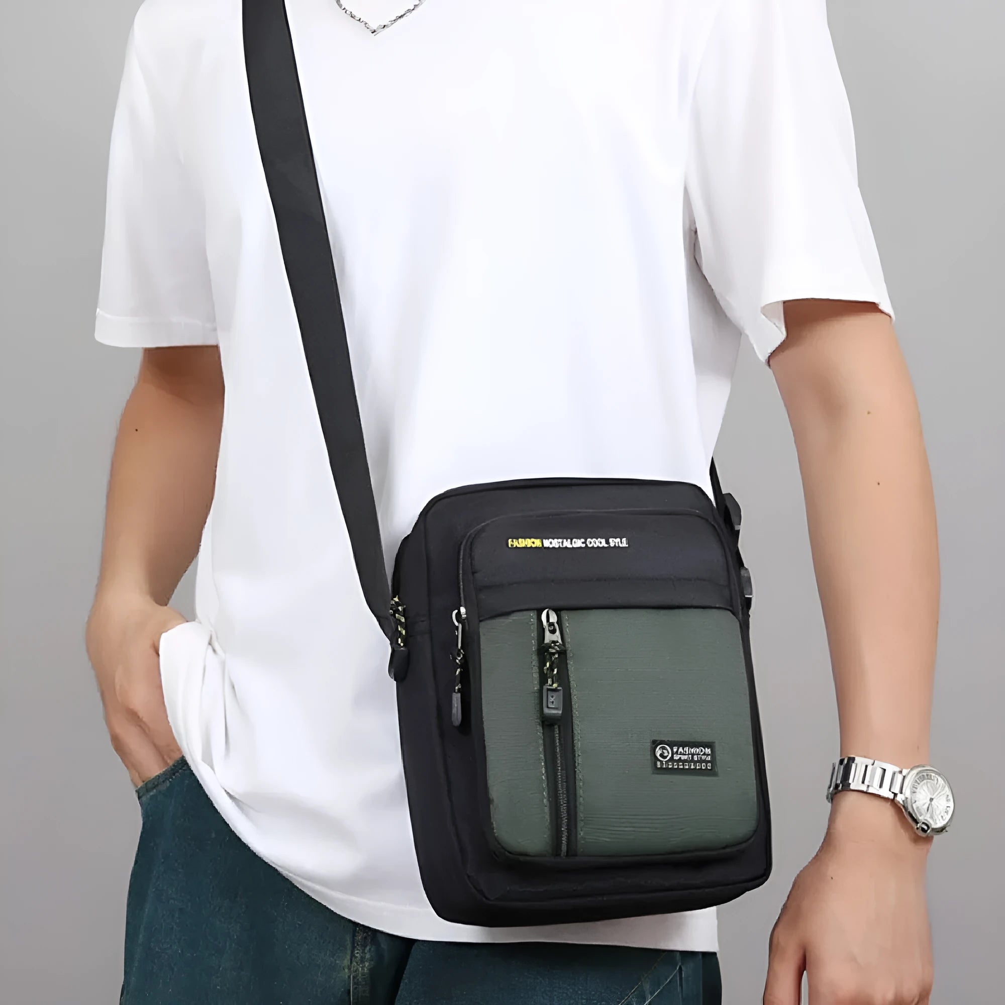 Men's casual nylon messenger crossbody bag with sewing thread detail, shown in green colour.