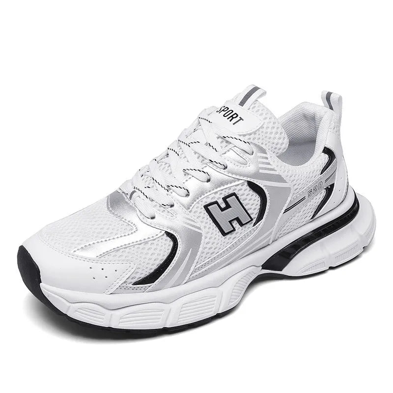 Men's mesh running shoes in black, white orange, and white and grey colours with plastic soles