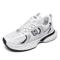 Men's mesh running shoes in black, white orange, and white and grey colours with plastic soles