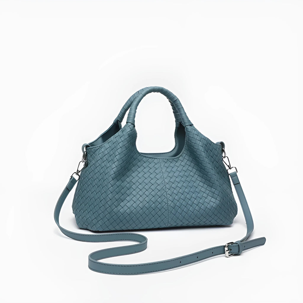Women's woven large capacity handbag in brown, soft PU material with double shoulder straps and horizontal square shape