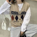 Khaki diamond plaid sleeveless loose cardigan top on a hanger