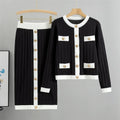 Women's knitted cardigan and midi skirt two-piece set in viscose fibre with contrast colour detail