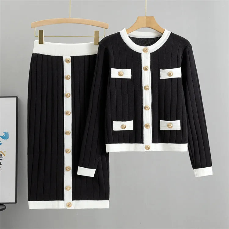 Women's knitted cardigan and midi skirt two-piece set in viscose fibre with contrast colour detail